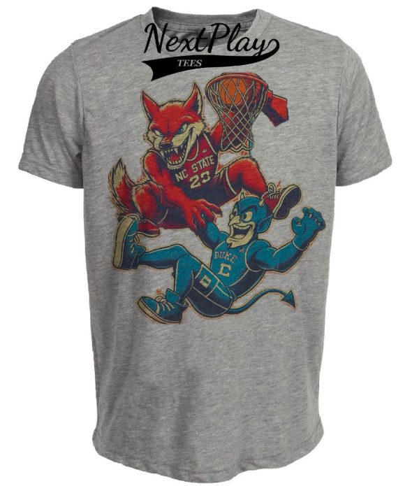 NC State Wolfpack vs. Duke Blue Devils Retro Rivalry Basketball Mascot 1987 Artwork Heather Gray Sublimated T-Shirt