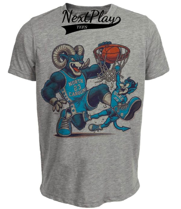 North Carolina Tar Heels vs. Duke Blue Devils Retro Rivalry Basketball Mascot 1995 Artwork Heather Gray Sublimated T-Shirt