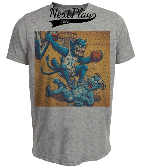 Duke Blue Devils vs. North Carolina Tar Heels Retro Rivalry Basketball Mascot 1990 Artwork Heather Gray Sublimated T-Shirt