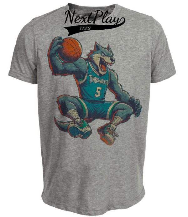 Minnesota Timberwolves #5 Retro Basketball Mascot Mania Artwork Heather Gray Sublimated T-Shirt