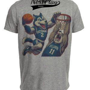 UConn Huskies vs. Villanova Wildcats Retro Rivalry Basketball Mascot 1985 Artwork Heather Gray Sublimated T-Shirt