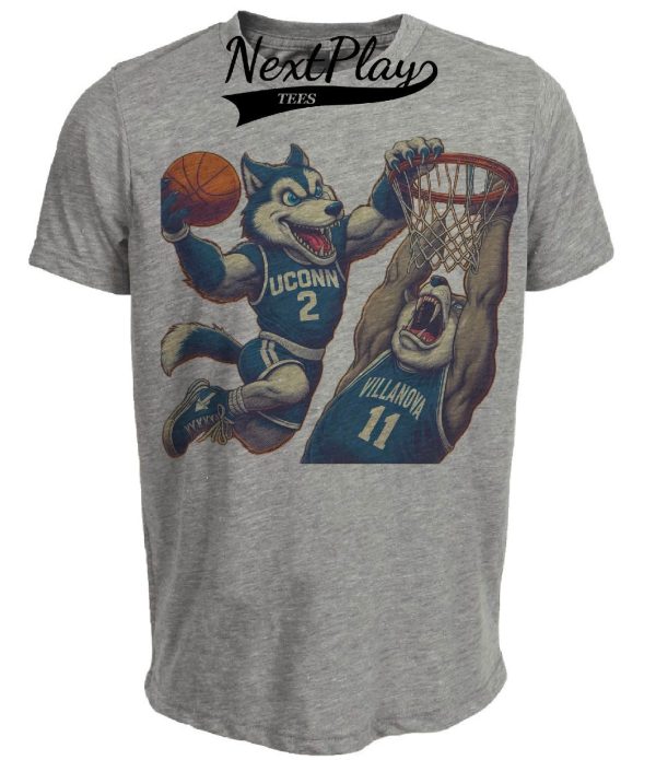 UConn Huskies vs. Villanova Wildcats Retro Rivalry Basketball Mascot 1985 Artwork Heather Gray Sublimated T-Shirt