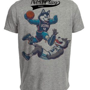 UConn Huskies vs. Villanova Wildcats Retro Rivalry Basketball Mascot 1999 Artwork Heather Gray Sublimated T-Shirt