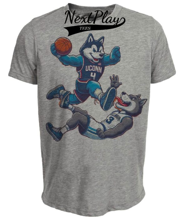 UConn Huskies vs. Villanova Wildcats Retro Rivalry Basketball Mascot 1999 Artwork Heather Gray Sublimated T-Shirt