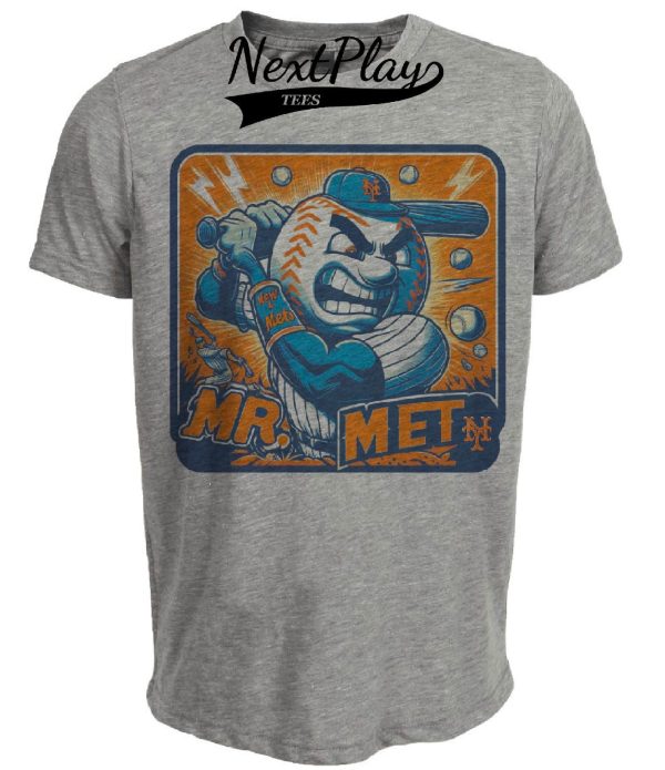 New York Mets Retro Mr. Met Baseball Artwork Heather Gray Sublimated T-Shirt