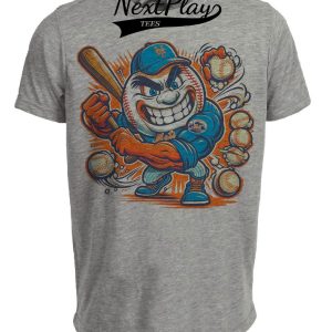 New York Mets Retro Mr. Met Baseball Hitting Mascot Artwork Heather Gray Sublimated T-Shirt