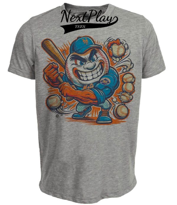 New York Mets Retro Mr. Met Baseball Hitting Mascot Artwork Heather Gray Sublimated T-Shirt