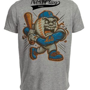 New York Mets Retro Mr. Met Baseball Swinging Mascot Artwork Heather Gray Sublimated T-Shirt