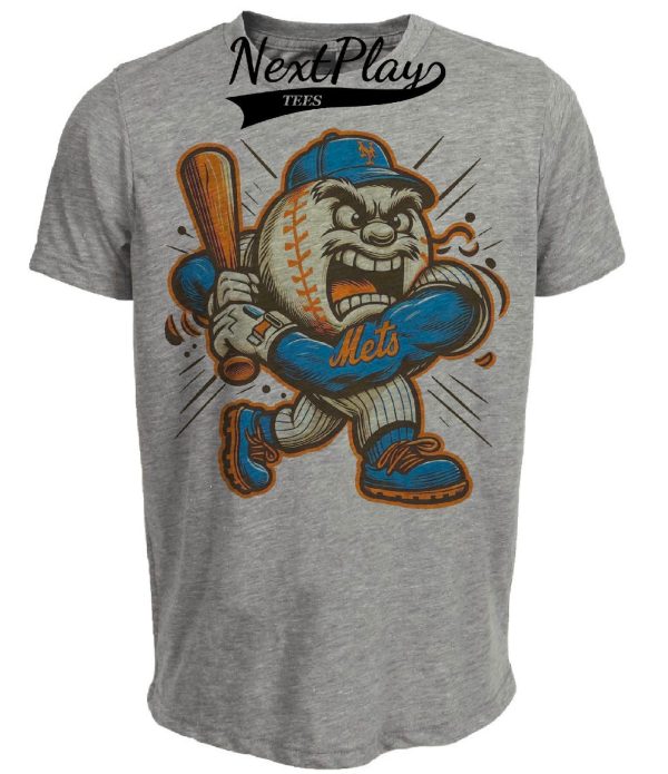 New York Mets Retro Mr. Met Baseball Swinging Mascot Artwork Heather Gray Sublimated T-Shirt