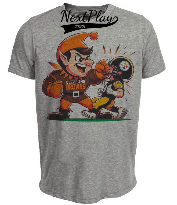 Cleveland Browns vs. Pittsburgh Steelers Retro Rivalry Football Mascot 1981 Artwork Heather Gray Sublimated T-Shirt