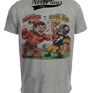 Cleveland Browns vs. Pittsburgh Steelers Retro Rivalry Football Mascot 1986 Artwork Heather Gray Sublimated T-Shirt