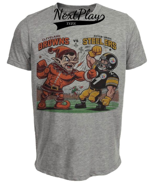 Cleveland Browns vs. Pittsburgh Steelers Retro Rivalry Football Mascot 1986 Artwork Heather Gray Sublimated T-Shirt