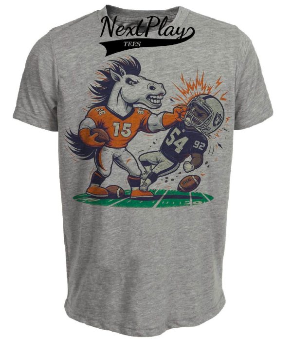 Denver Broncos vs. Las Vegas Raiders Retro Rivalry Football Mascot Artwork Heather Gray Sublimated T-Shirt
