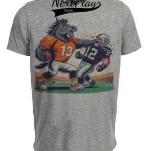 Denver Broncos vs. Las Vegas Raiders Retro Rivalry Football Mascot Artwork Heather Gray Sublimated T-Shirt - New To Store