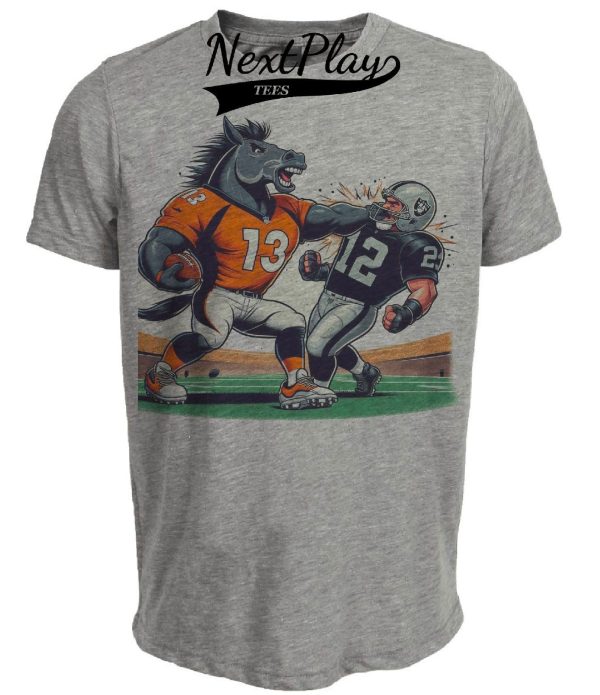 Denver Broncos vs. Las Vegas Raiders Retro Rivalry Football Mascot Artwork Heather Gray Sublimated T-Shirt - New To Store