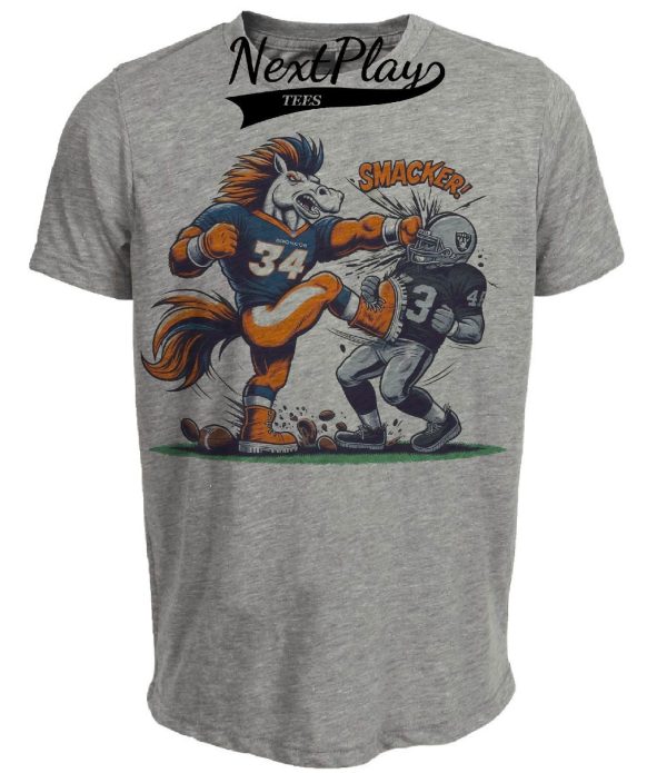 Denver Broncos vs. Las Vegas Raiders Retro Rivalry Football Mascot Artwork Heather Gray Sublimated T-Shirt - New To Store
