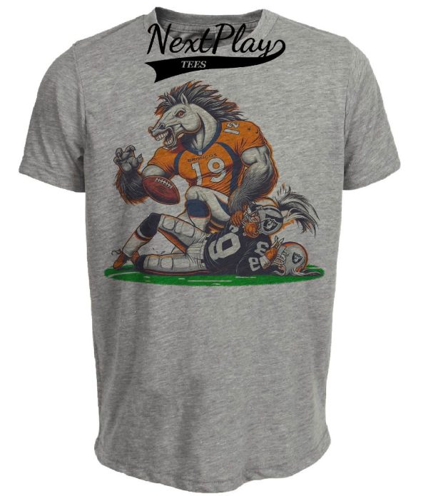Denver Broncos vs. Las Vegas Raiders Retro Rivalry Football Mascot Artwork Heather Gray Sublimated T-Shirt - New To Store