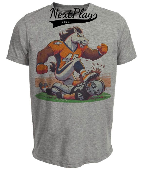 Denver Broncos vs. Oakland Raiders Retro Rivalry Football Mascot Artwork Heather Gray Sublimated T-Shirt