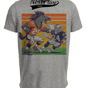 Denver Broncos vs. Oakland Raiders Retro Rivalry Football Mascot Artwork Heather Gray Sublimated T-Shirt