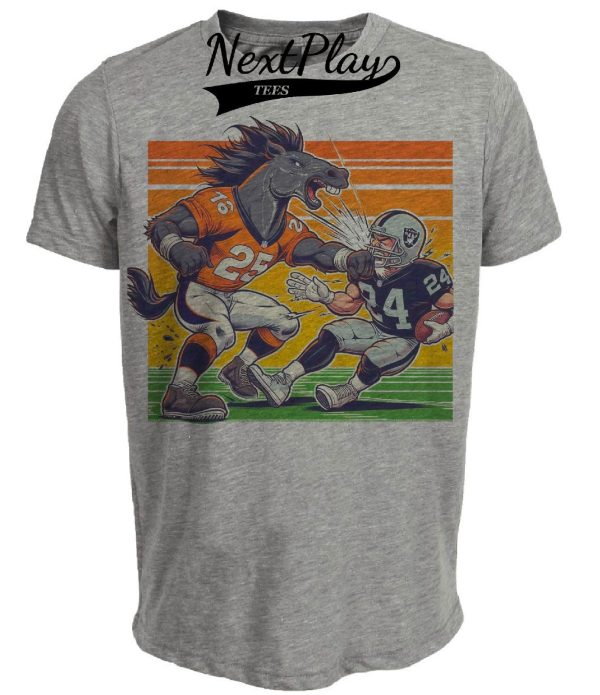 Denver Broncos vs. Oakland Raiders Retro Rivalry Football Mascot Artwork Heather Gray Sublimated T-Shirt