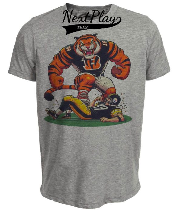 Cincinnati Bengals vs. Pittsburgh Steelers Retro Rivalry Football Mascot Artwork Heather Gray Sublimated T-Shirt