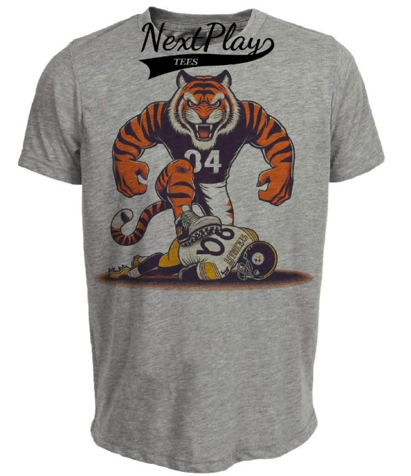 Cincinnati Bengals vs. Pittsburgh Steelers Retro Rivalry Football Mascot Artwork Heather Gray Sublimated T-Shirt