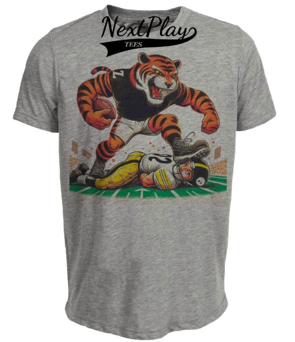 Cincinnati Bengals vs. Pittsburgh Steelers Retro Rivalry Football Mascot Artwork Heather Gray Sublimated T-Shirt