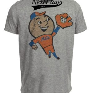 New York Mets Retro Mr. Met Baseball Card Game Artwork Heather Gray Sublimated T-Shirt