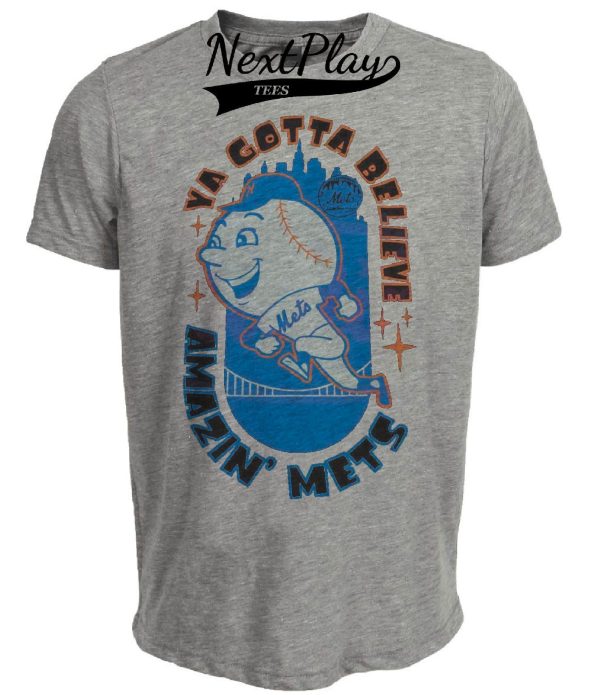 New York Mets Retro Mr. Met Believe Baseball 1969 Artwork Heather Gray Sublimated T-Shirt