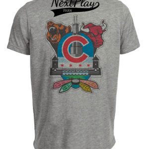 Chicago Bulls Bears Cubs Blackhawks Retro Football Baseball Basketball Hockey Artwork Heather Gray Sublimated T-Shirt