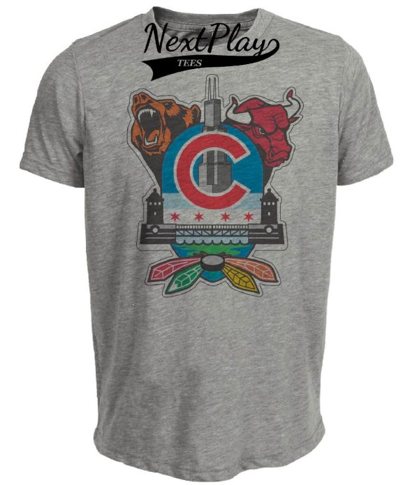 Chicago Bulls Bears Cubs Blackhawks Retro Football Baseball Basketball Hockey Artwork Heather Gray Sublimated T-Shirt