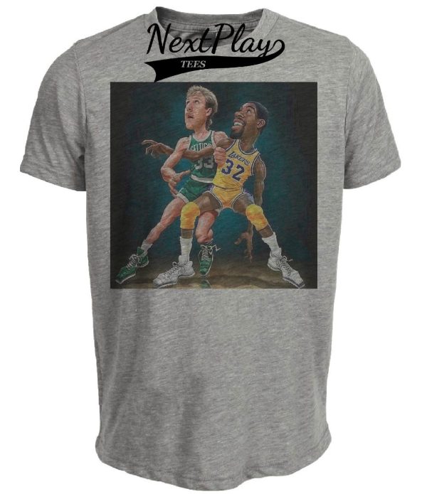 Boston Celtics Bird vs. Magic Los Angeles Lakers Retro Basketball 1986 Artwork Heather Gray Sublimated T-Shirt