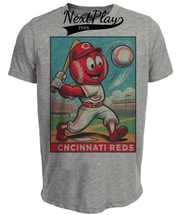 Cincinnati Reds Vintage Baseball Mascot Artwork Heather Gray Sublimated T-Shirt