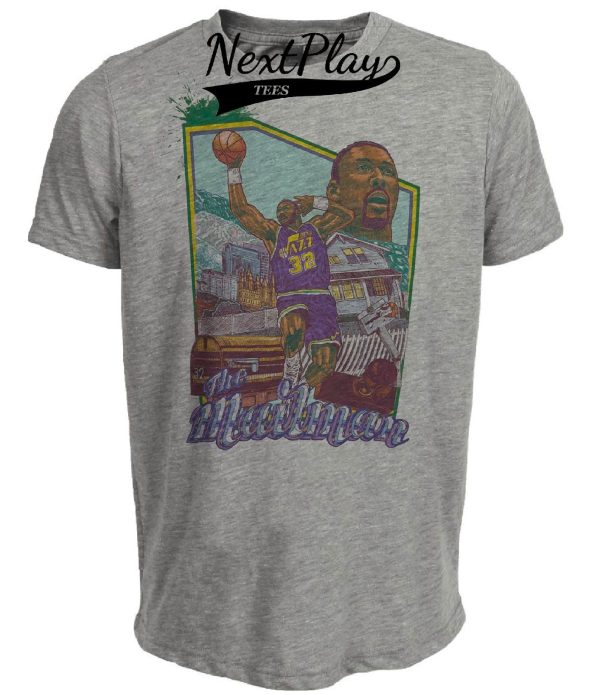 Utah Jazz Retro Karl The Mailman Malone Basketball 1985 Artwork Heather Gray Sublimated T-Shirt