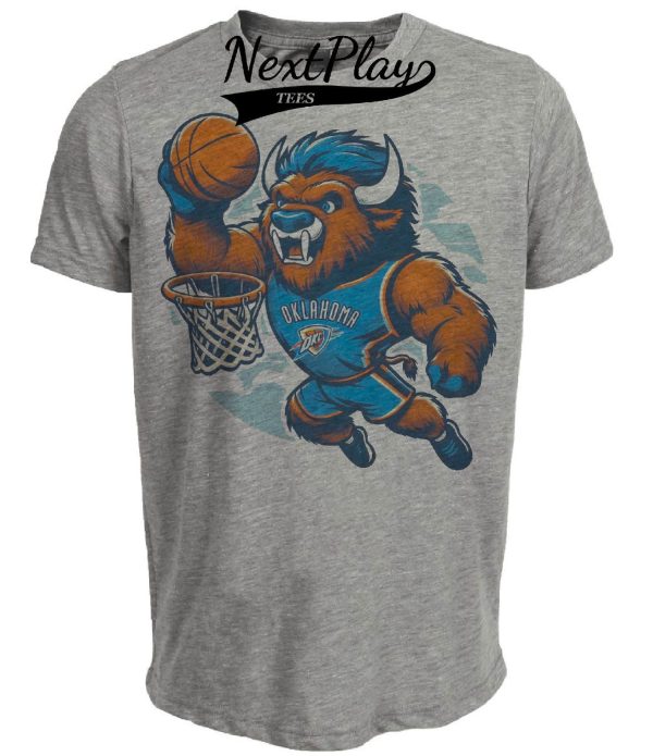 Oklahoma City Thunder Retro Slamming Basketball Mascot Artwork Heather Gray Sublimated T-Shirt