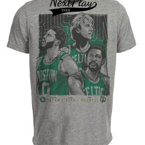Boston Celtics Retro Past Future Tatum Bird Russell Basketball Artwork Heather Gray Sublimated T-Shirt