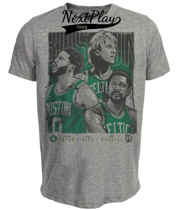 Boston Celtics Retro Past Future Tatum Bird Russell Basketball Artwork Heather Gray Sublimated T-Shirt