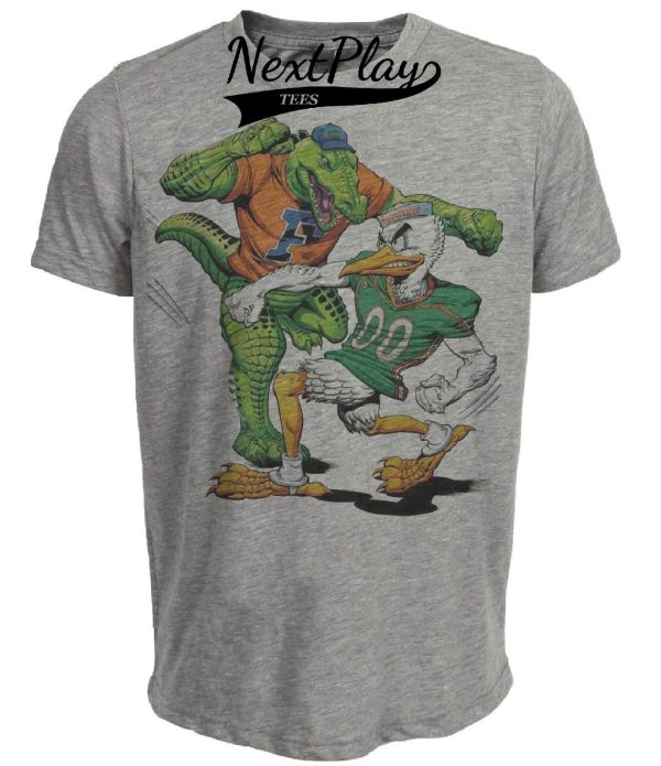 Florida Gators vs. Miami Hurricanes Retro Rivalry Football Mascot 1990 Artwork Heather Gray Sublimated T-Shirt