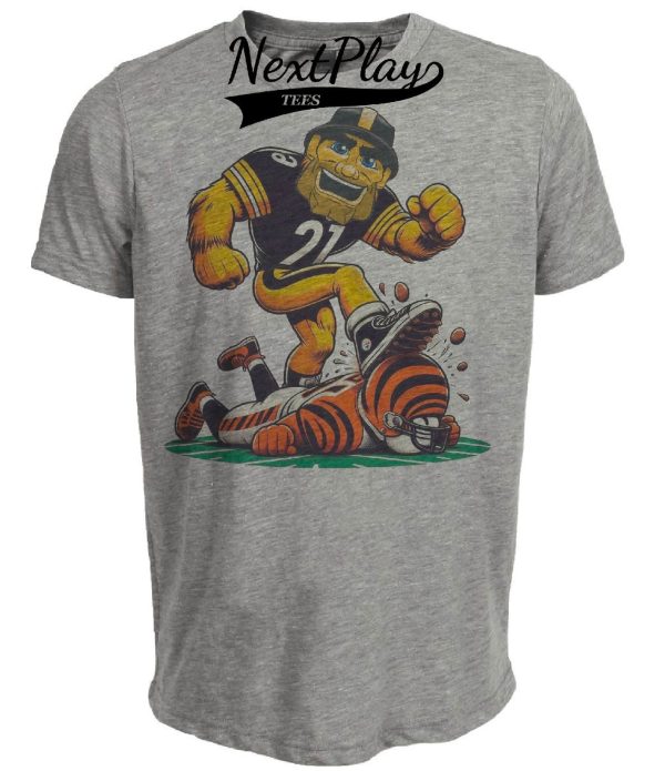 Pittsburgh Steelers vs. Cincinnati Bengals Retro Rivalry Football Steely McBeam Mascot Artwork Heather Gray Sublimated T-Shirt