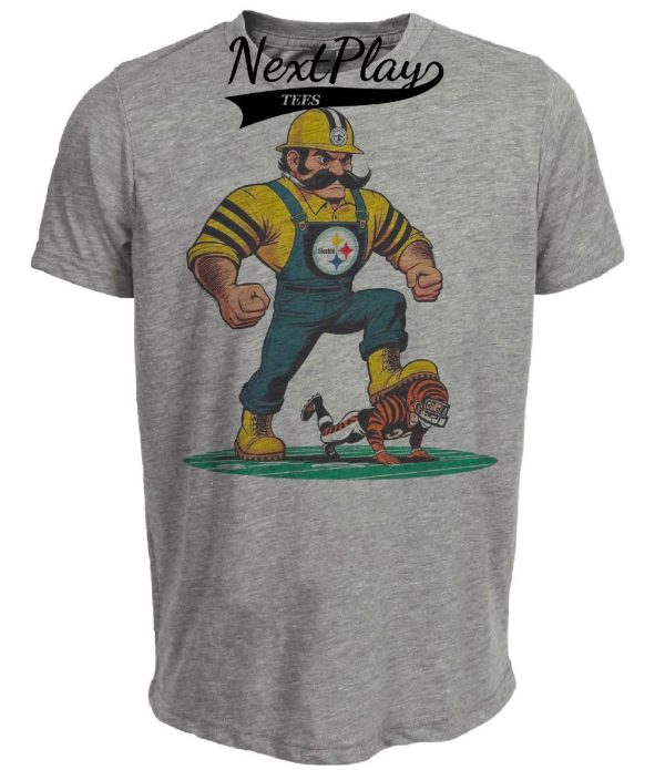 Pittsburgh Steelers vs. Cincinnati Bengals Retro Rivalry Football Mascot 1987 Artwork Heather Gray Sublimated T-Shirt