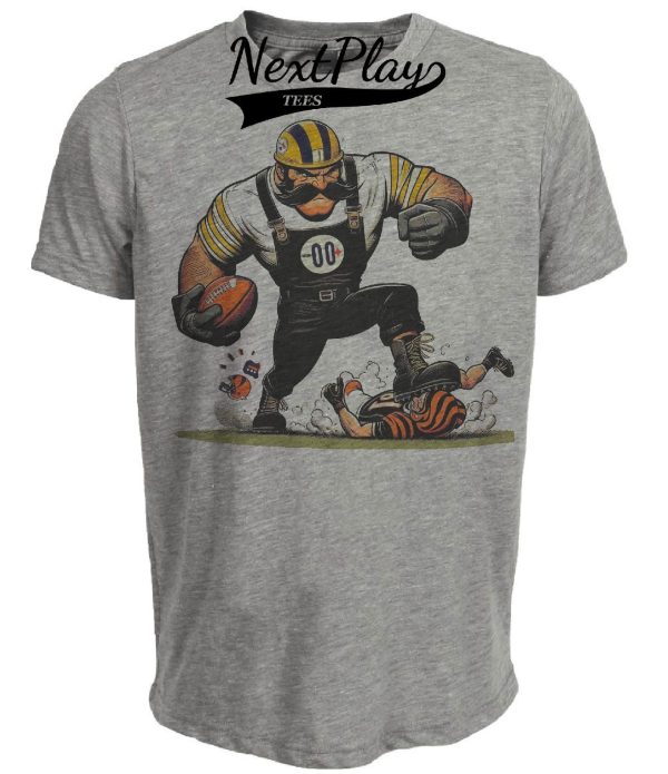 Pittsburgh Steelers vs. Cincinnati Bengals Retro Rivalry Football Mascot 1983 Artwork Heather Gray Sublimated T-Shirt