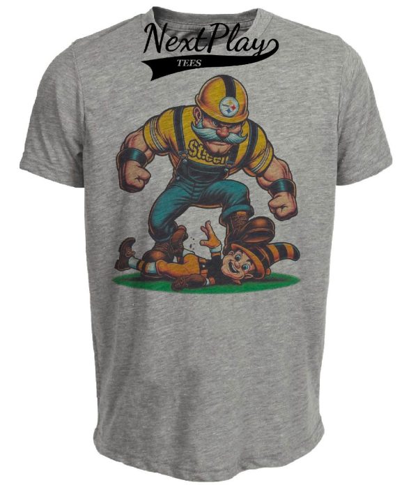 Pittsburgh Steelers vs. Cleveland Browns Retro Rivalry Football Mascot 1984 Artwork Heather Gray Sublimated T-Shirt