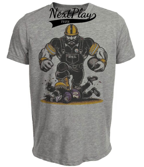 Pittsburgh Steelers vs. Baltimore Ravens Retro Rivalry Football Steely McBeam Mascot Artwork Heather Gray Sublimated T-Shirt