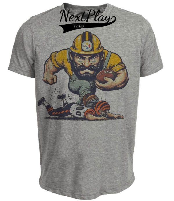 Pittsburgh Steelers vs. Cincinnati Bengals Retro Rivalry Football Steely McBeam Mascot 1985 Artwork Heather Gray Sublimated T-Shirt