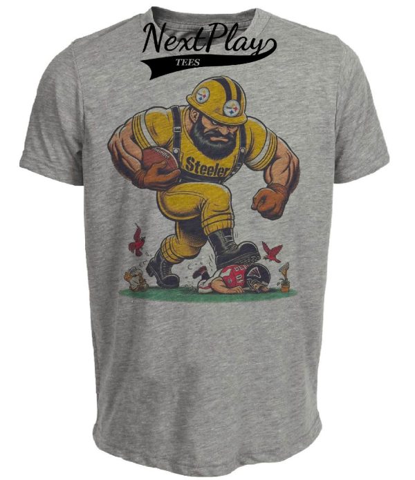 Pittsburgh Steelers vs. Atlanta Falcons Retro Rivalry Football Steely McBeam Mascot 1985 Artwork Heather Gray Sublimated T-Shirt