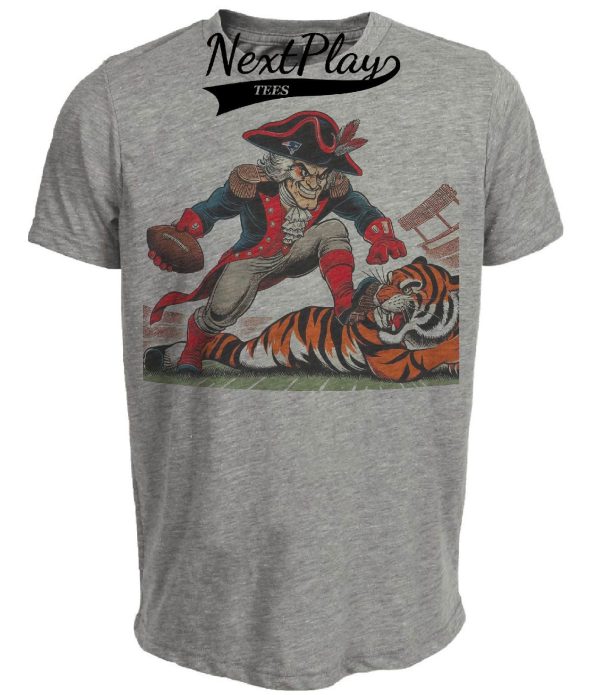 New England Patriots vs. Cincinnati Bengals Retro Rivalry Football 1988 Mascot Artwork Heather Gray Sublimated T-Shirt