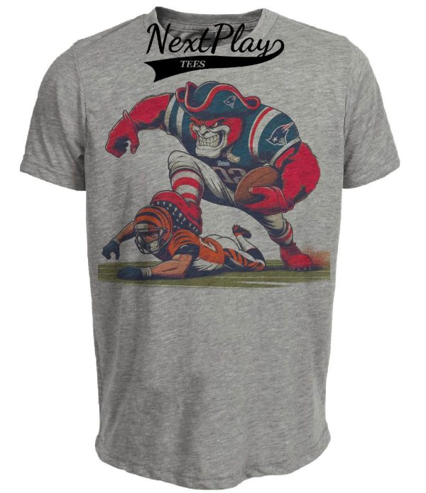 New England Patriots vs. Cincinnati Bengals Retro Rivalry Football 1985 Mascot Artwork Heather Gray Sublimated T-Shirt