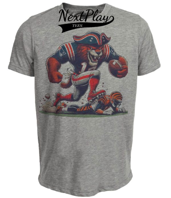 New England Patriots vs. Cincinnati Bengals Retro Rivalry Football 1984 Mascot Artwork Heather Gray Sublimated T-Shirt