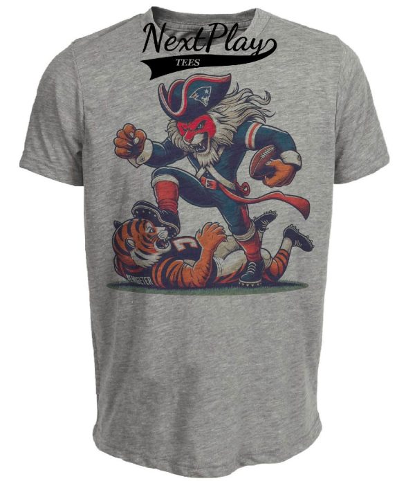 New England Patriots vs. Cincinnati Bengals Retro Rivalry Football 1983 Mascot Artwork Heather Gray Sublimated T-Shirt