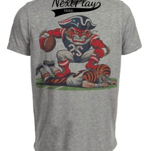 New England Patriots vs. Cincinnati Bengals Retro Rivalry Football 1987 Mascot Artwork Heather Gray Sublimated T-Shirt